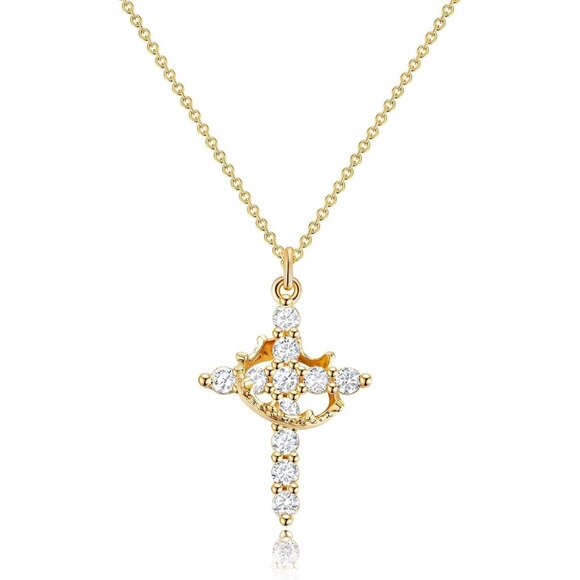 Diamond Crown Cross Necklace 14KWhite  Gold Plated Faith Pendant for Women Gift - Picture 1 of 6